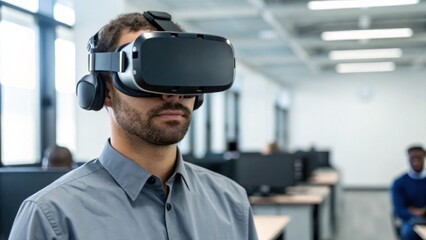 A man wearing a virtual reality headset in an office environment, exploring immersive technology while seated at a computer workstation.