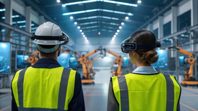 A man and woman in safety gear observe advanced robotics in a high-tech industrial setting, using virtual reality for enhanced learning and interaction.