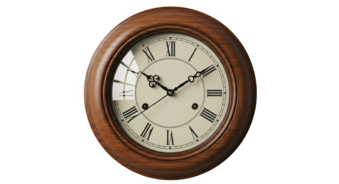 A vintage style analog clock with a wooden frame and Roman numerals is displayed against a dark background