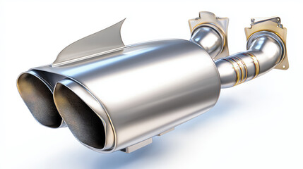 3D realistic racing car exhaust muffler titanium (clean modern detail, white isolated background