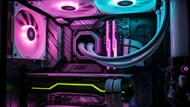 Close-up of a custom-built gaming computer with vibrant RGB lighting and advanced cooling.