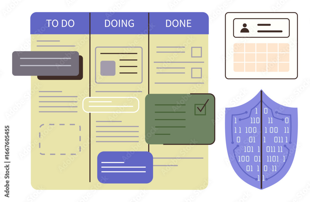 Poster kanban board with to do, doing, done columns, movable tasks, shield with binary code, user info on c