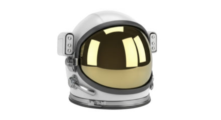 Modern White Astronaut Helmet with Golden Visor and Chrome Accents on a Black Background