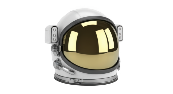 Modern White Astronaut Helmet with Golden Visor and Chrome Accents on a Black Background