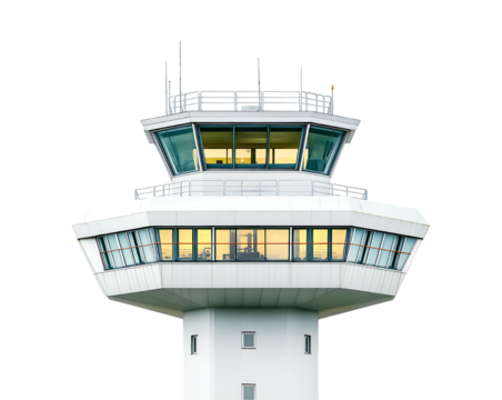 Modern Airport Control Tower with Glowing Windows Against a Dark Sky isolated on a transparent background