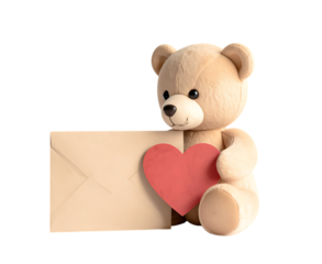 Teddy bear holding heart and envelope isolated on transparent background