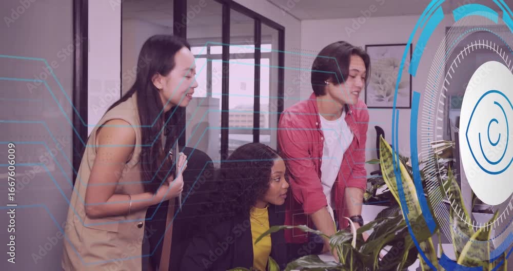 Aufkleber digital eye icon appearing guiding colleagues examining schematic lines into hud for tech analysis