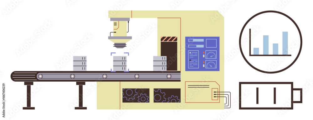 Poster conveyor belt with stacked items processed by automated machinery, featuring control panel and data 