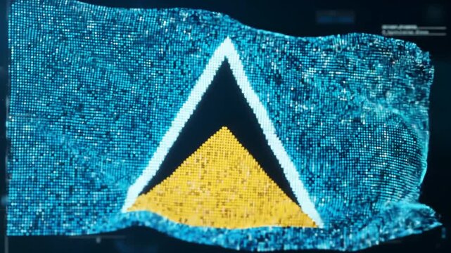 Pixelated flag with two triangles on a digital, waving, pointillistic, dark backdrop