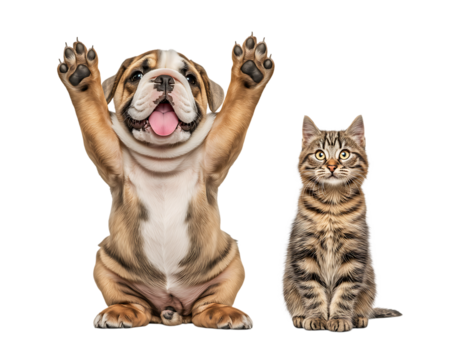 Playful English Bulldog Puppy Waving Next to Curious Tabby Kitten isolated on a transparent background