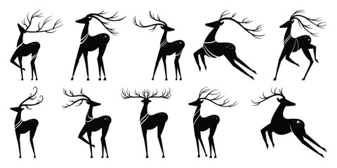 Christmas reindeer element vector set . Decorative elements of reindeer different pose and ornament. Design for sticker, holidays, Happy New year, season's greetings card.