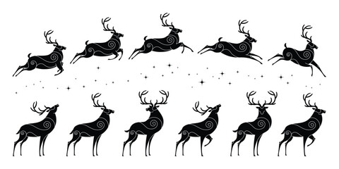 Christmas reindeer element vector set . Decorative elements of reindeer different pose and ornament. Design for sticker, holidays, Happy New year, season's greetings card.