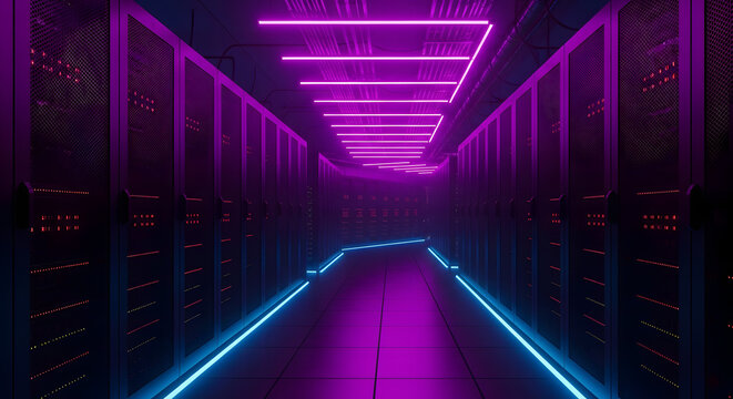 Futuristic neon-lit server room corridor with purple and blue glow. High-tech data center hallway, abstract digital technology background.