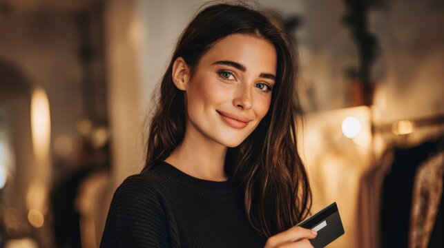 A young beautiful woman is smiling and holding a credit card. The image is about online shopping, making a purchase, or banking.
