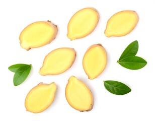 Ginger slices and leaves, overhead view, white background