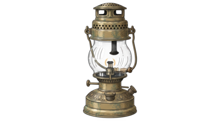 Antique Brass Oil Lantern with Intricate Engravings and Clear Glass Globe Providing Warm Illumination for Decorative Ambiance