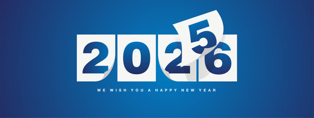 Happy New Year 2026 greeting card design template on blue background. New Year 2026 start concept. Calendar pages turn in the wind and the new year begins