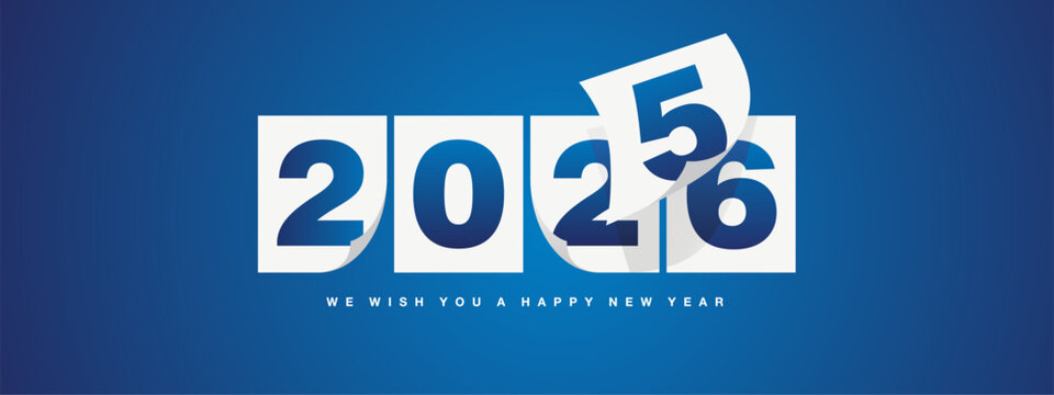Happy New Year 2026 greeting card design template on blue background. New Year 2026 start concept. Calendar pages turn in the wind and the new year begins