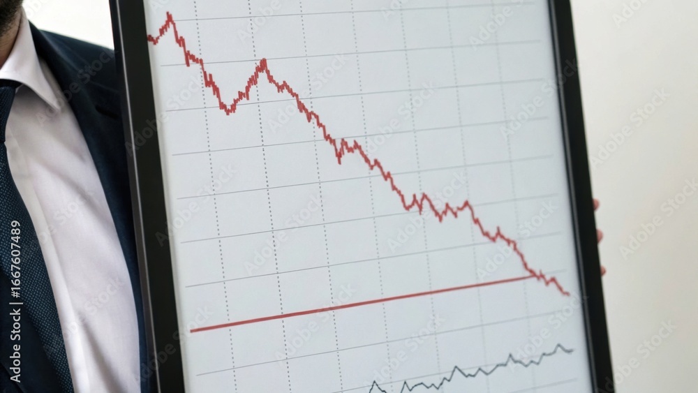 Poster a person holds a framed graph showing a downward trend, indicating declining performance or losses i
