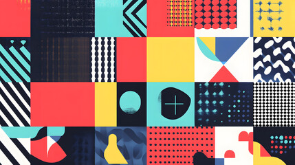 Fototapeta premium Vibrant abstract collage with retro geometric shapes and textures for modern designs and creative backgrounds.