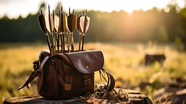 Leather quiver filled with arrows outdoors