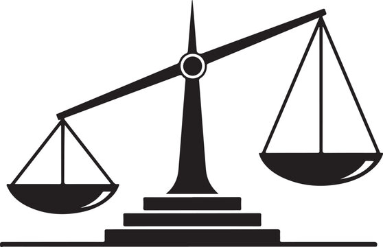 Black silhouette of a balanced scale with one side lower than the other white background