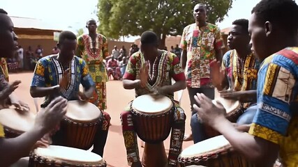Vibrant african djembe drumming performance by group of young men in traditional clothing