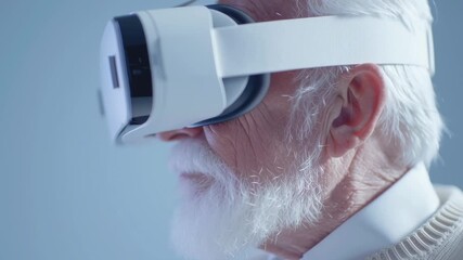An older man wearing a white shirt and a white headset is looking at a screen. The man is wearing a virtual reality headset, which suggests that he is engaged in an immersive gaming experience - Powered by Adobe