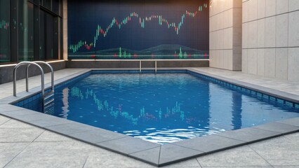 A sleek indoor pool features a digital wall displaying stock market trends, blending leisure with finance in a modern setting.