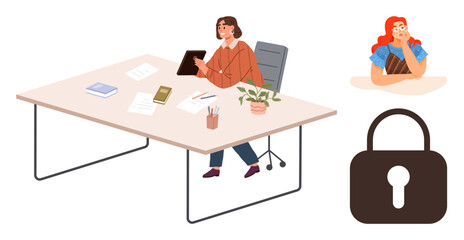 Woman sitting at a desk with tablet, papers, and stationery, small plant nearby. A female colleague appears in thought bubble. Security padlock represents privacy. Ideal for remote work