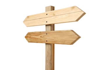 Blank wooden signpost with two arrows pointing in opposite directions, symbolizing choice and decision making, isolated on a clean white background