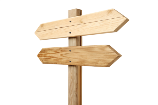 Blank wooden signpost with two arrows pointing in opposite directions, symbolizing choice and decision making, isolated on a clean white background