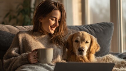 A smiling young woman sits on a sofa with a golden retriever and a laptop. The image captures a peaceful moment of relaxation and the bond between humans and pets.