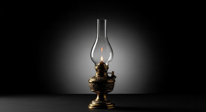 Antique oil lamp with flame casting light and copy space on dark background