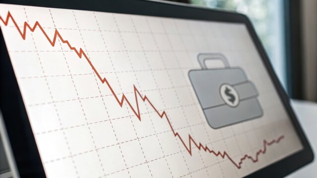 A digital graph showing a declining trend, with a money briefcase icon, symbolizing economic downturn or financial struggles. - Powered by Adobe
