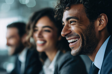 The photo group portrays professional colleagues engaged in teamwork, emphasizing collaboration, problem solving, and business synergy.