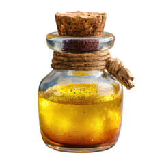 Small potion bottle with bubbling liquid inside glows golden and is sealed with cork and twine for magical effect