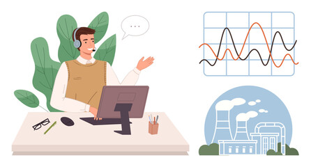 Person in headset gestures at desk with computer, chart tracking emissions, and factory. Ideal for communication, data analysis, remote work, sustainability, environment, industry simple flat