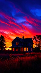 House Sunset Field Night Vibrant Colors