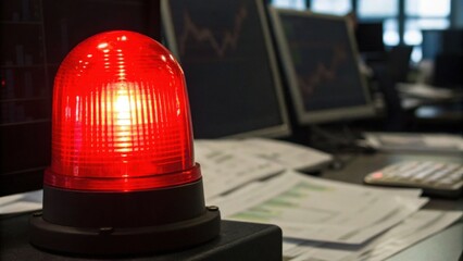 A red alert light shines in an office setting, surrounded by monitors displaying graphs and scattered papers, indicating a warning or urgent situation.