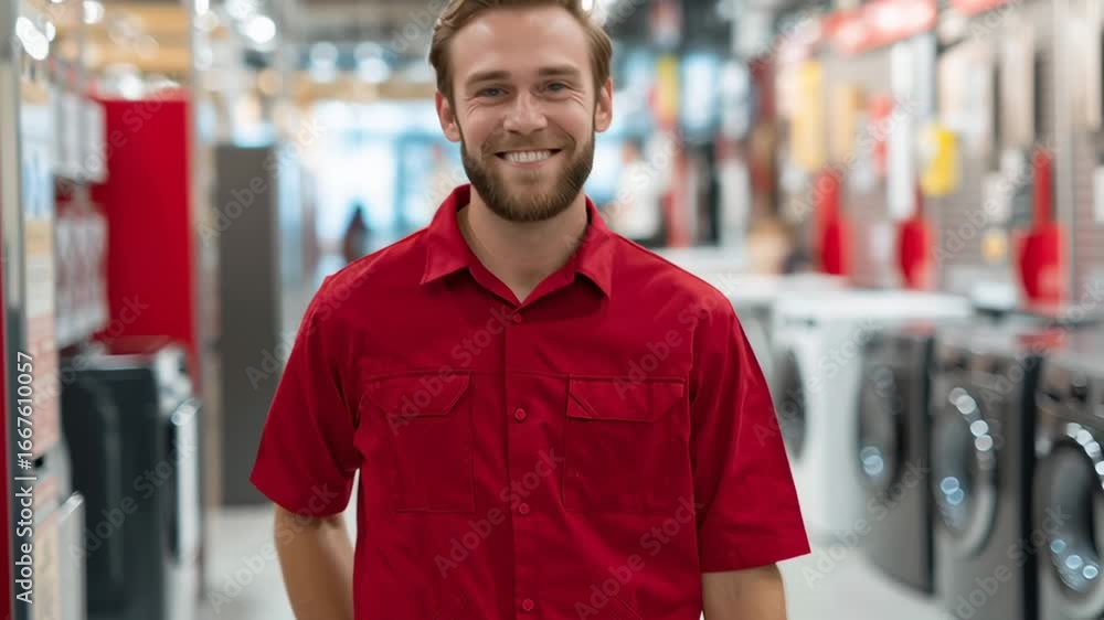 Aufkleber a man in a red shirt is smiling and posing for a picture in a store. he is standing in front of a di