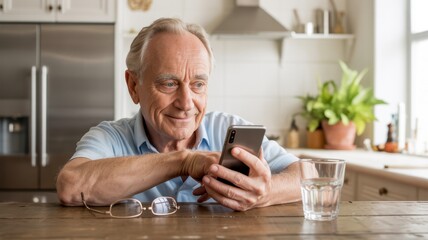 Ai generated image of elderly man sitting at a table in a kitchen, looking at his smartphone with a glass of water and glasses nearby