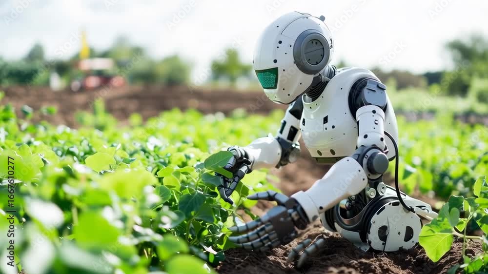 Poster a robot is working in a field of plants. the robot is white and has a green head
