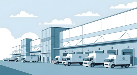 Obraz premium Modern Logistics Warehouse with Delivery Trucks at Loading Docks. Supply Chain & Distribution Center.