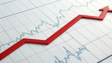 Obraz premium A red upward trend line on a financial graph, indicating growth and positive performance in data analysis.