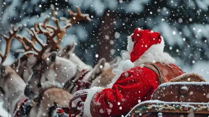 A man dressed as Santa Claus is riding in a sleigh with reindeer. The scene is set in a snowy environment, and the reindeer are pulling the sleigh. Scene is festive and joyful - Powered by Adobe