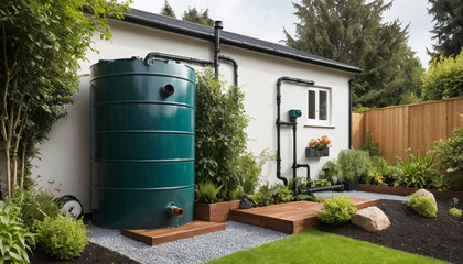 Rainwater pipe channeling water into garden tank