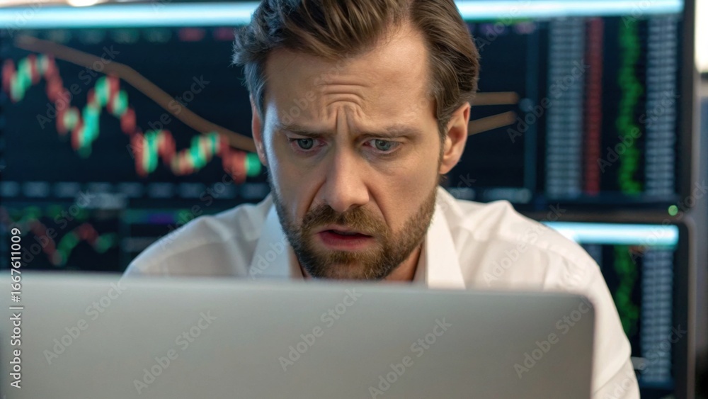 Poster a focused man looks concerned while analyzing data on a laptop, with financial graphs visible on scr