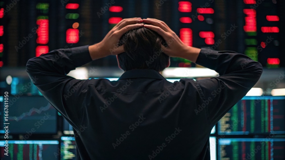 Poster a trader appears stressed while analyzing stock market data on multiple screens filled with graphs a