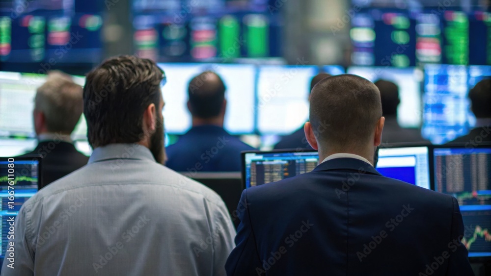 Poster two professionals observe stock market data on multiple screens, showcasing a dynamic trading enviro